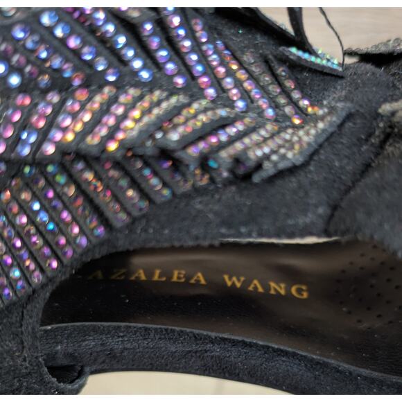 Azalea Wang Lianna Bootie Heels 6 Black Multicolor Crystal Feather Applique Glam - Picture 7 of 11